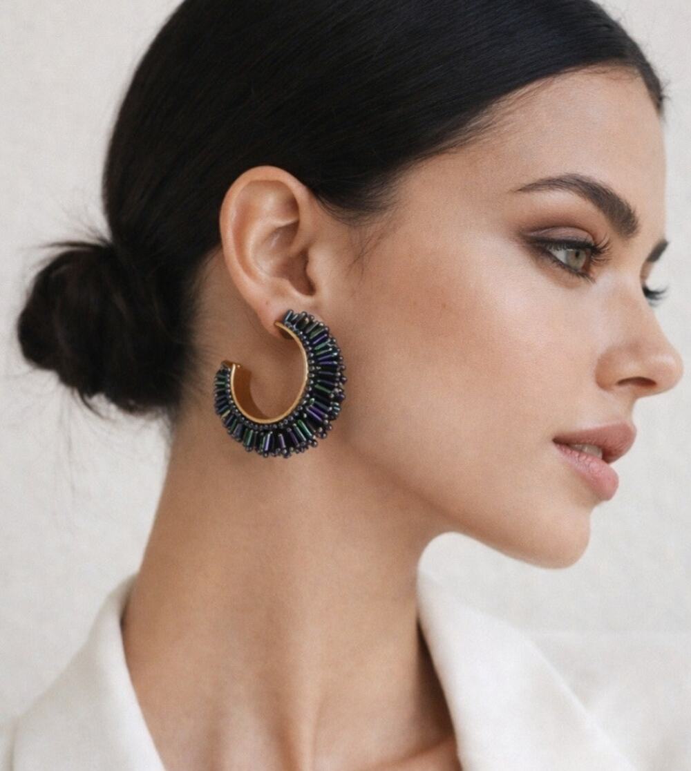 Kay Lee Dark Colorful Black Glass Beaded Hoop Earrings New